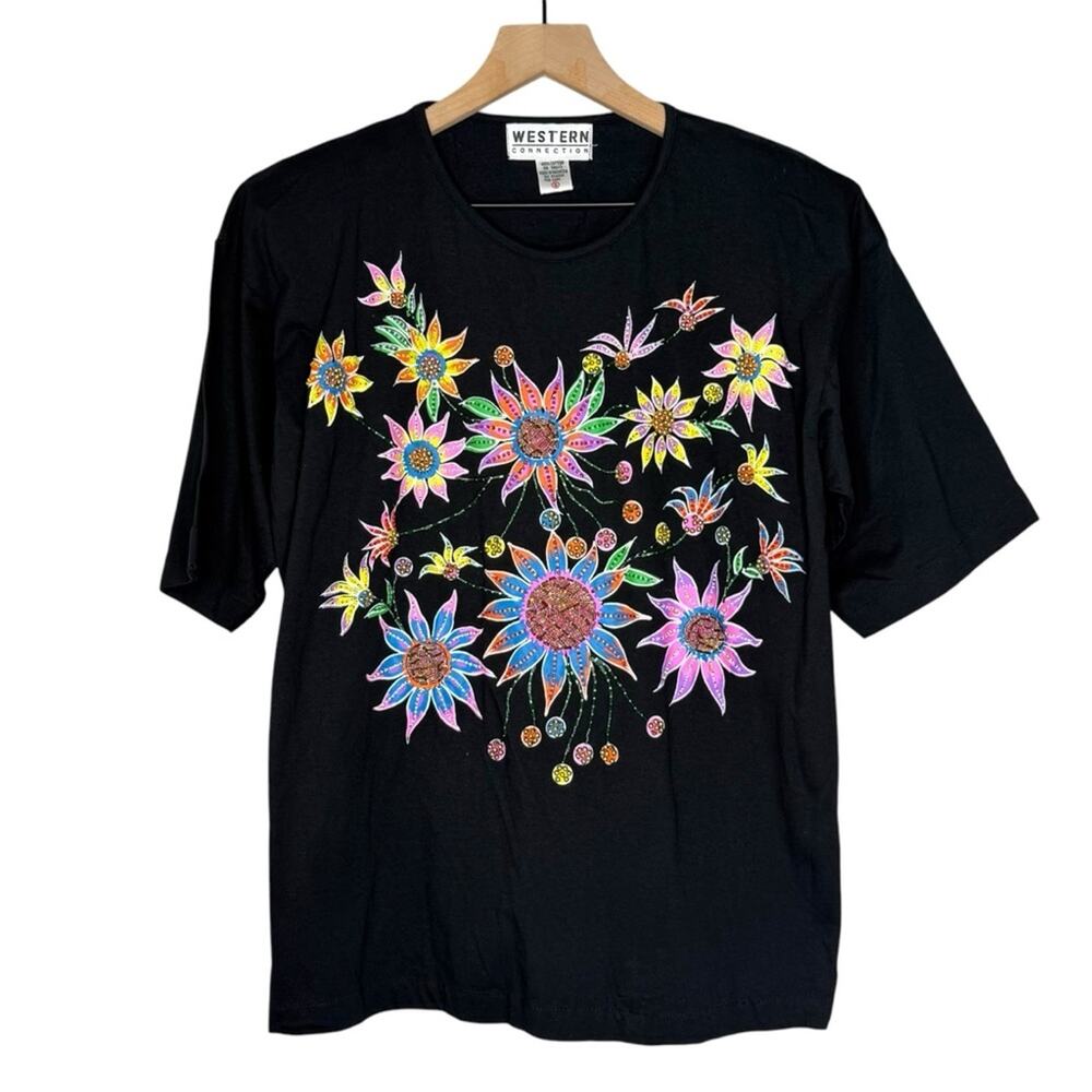 Vintage 90s beaded floral single stitch T-shirt size small cotton vibrant